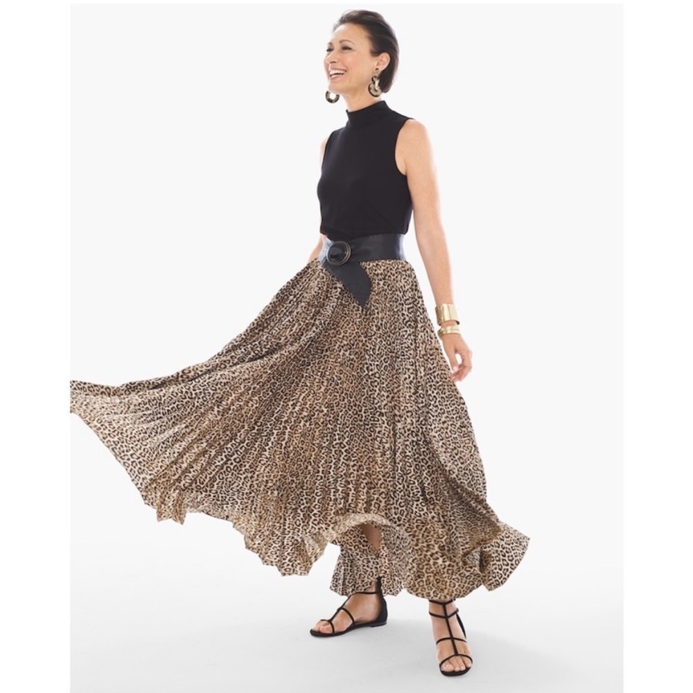 Chicos Leopard Print Full Pleated Maxi Skirt